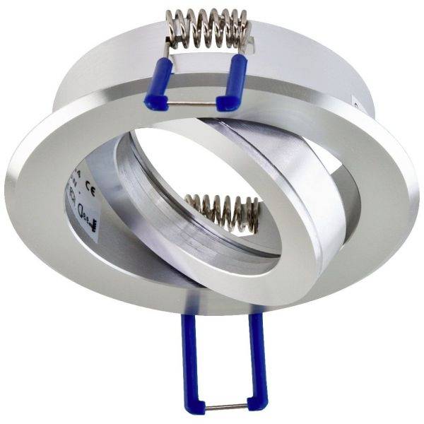 Ein silbernes, rundes Einbaugehäuse mit blauen Clips und Federn, geeignet zum Einsetzen von Deckenleuchten in abgehängte Decken.