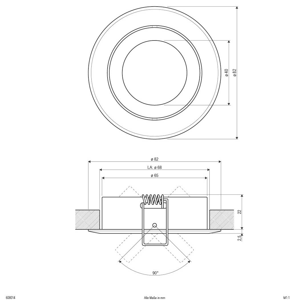 Technische Zeichnung einer kreisförmigen, eingelassenen Leuchte mit Draufsicht und Seitenansicht, Abmessungen in Millimetern und einem Abstrahlwinkel von 90°.