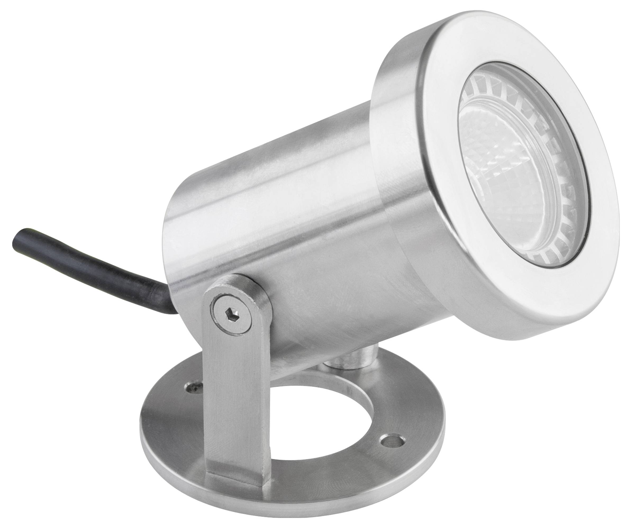 Edelstahlverstellbarer Außenstrahler auf rundem Montagefuß mit angeschlossenem Stromkabel.
