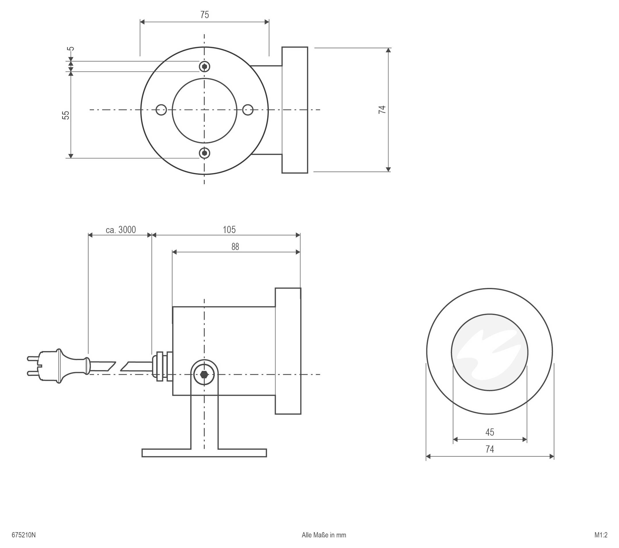 Technische Zeichnung eines runden Flanschteils mit Vorder-, Seiten- und Endansicht, die wichtige Abmessungen in Millimetern zeigt.