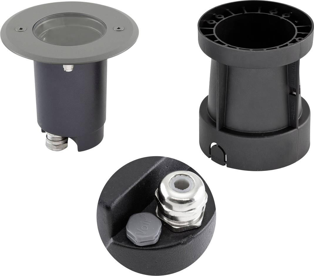 Drei Ansichten einer schwarzen zylindrischen Außenleuchte mit Darstellung der Oberseite, Seitenansicht und Montageverbindungsdetails.