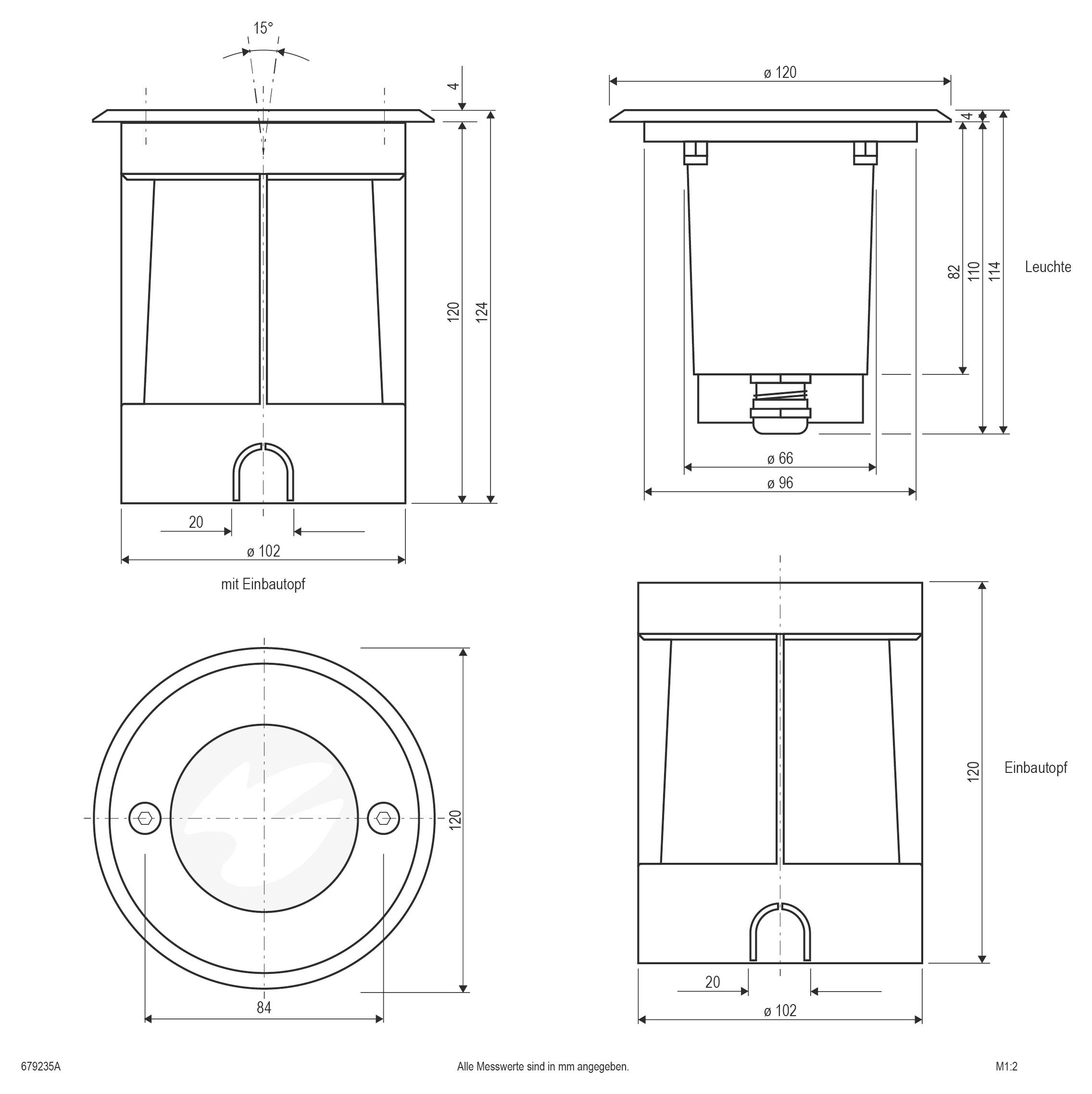 Technische Zeichnung einer zylindrischen Leuchte, dargestellt in Front-, Seiten- und Draufsicht mit Abmessungen und Montagemaßen in Millimetern beschriftet.