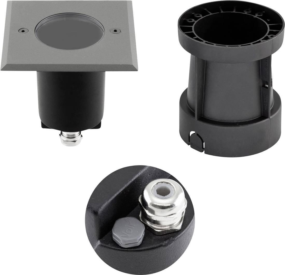 Produktfoto einer schwarzen, bündigen Montagebasis mit quadratischer Oberplatte, zylindrischem Gehäuse und Nahaufnahme der Schraube und des Sicherungsclips.