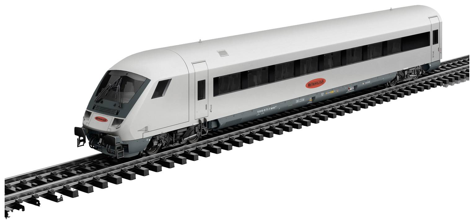 Ein moderner, weißer Passagierzug auf Schienen. Der Zug hat ein aerodynamisches Design und dunkle Fenster entlang der Seiten.