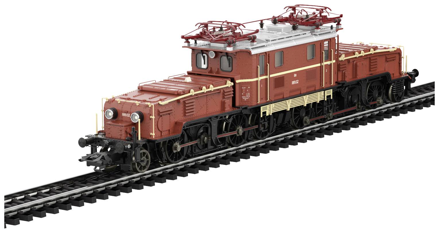Ein rotes Modell einer Elektrolokomotive mit detaillierter Darstellung und zweifarbigem Dach steht auf einem Modellbahngleis.