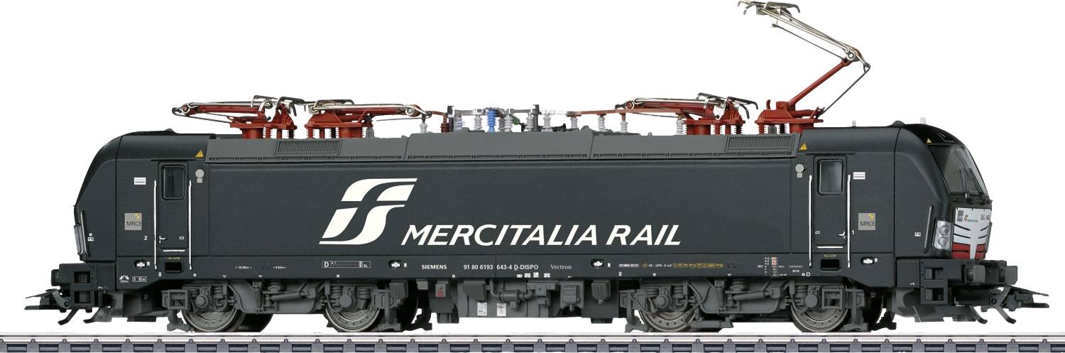Schwarze Elektrolokomotive von Mercitalia Rail auf Gleis. Seitenansicht mit deutlich sichtbaren Stromabnehmern oben.