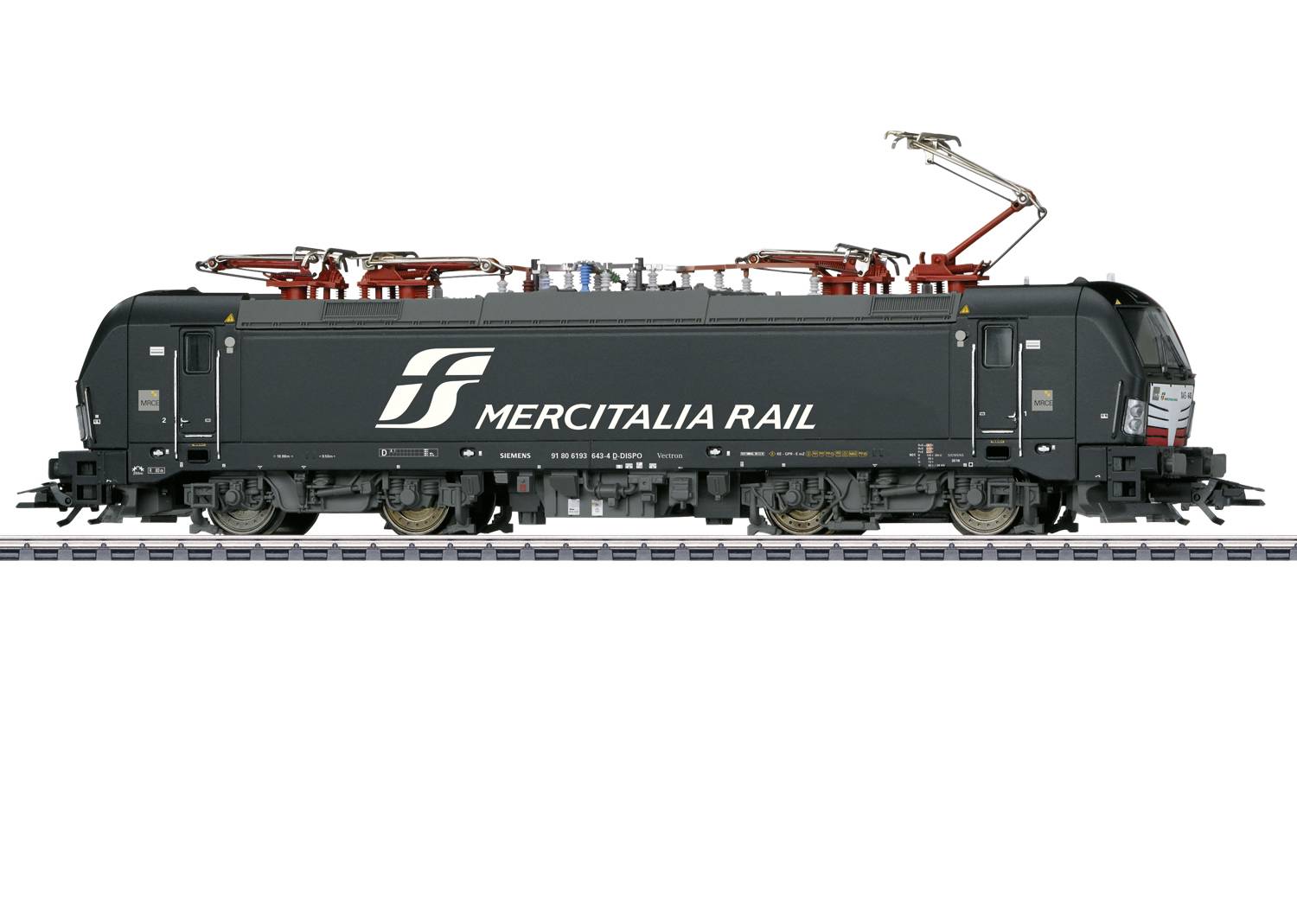 Schwarze Lokomotive der Mercitalia Rail auf Schienen, mit Stromabnehmern und Firmenlogo, Seitenansicht.