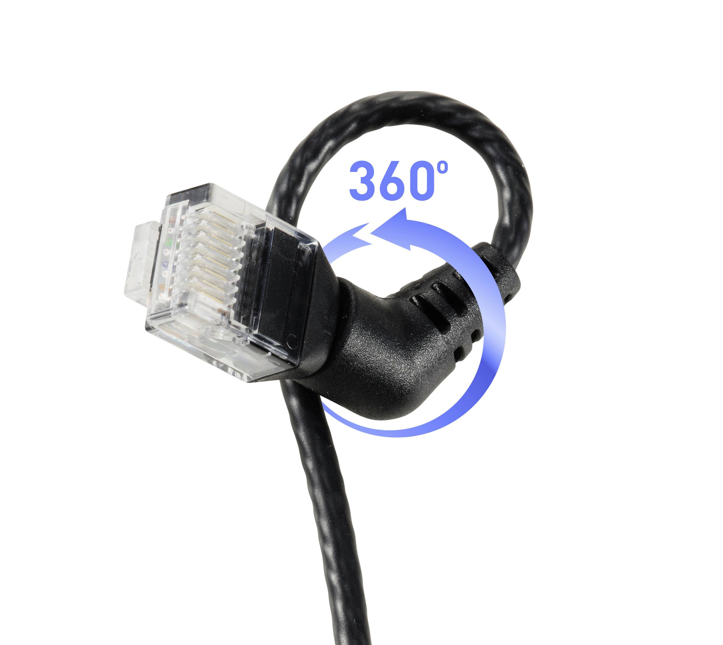 Ein Ethernet-Kabel mit abgewinkeltem Stecker, um 360 Grad drehbar. Gelber Pfeil zeigt die Rotationsrichtung für flexible Nutzung.