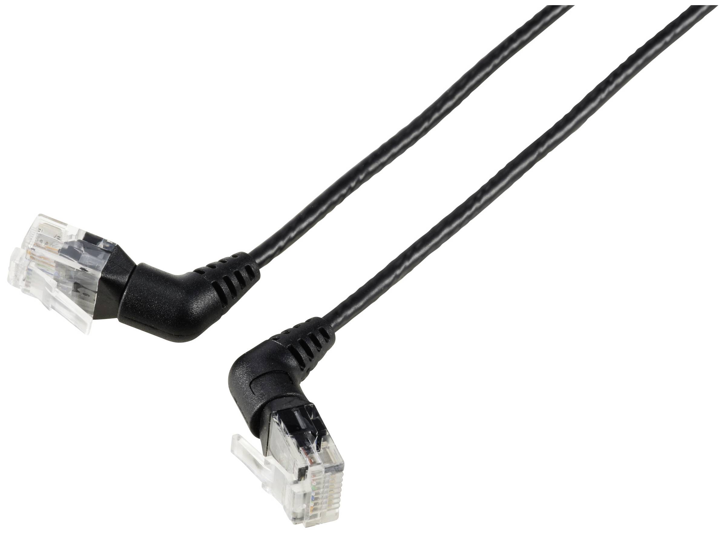 Zwei schwarze Ethernet-Kabel mit durchsichtigen Steckern, übereinanderliegend.