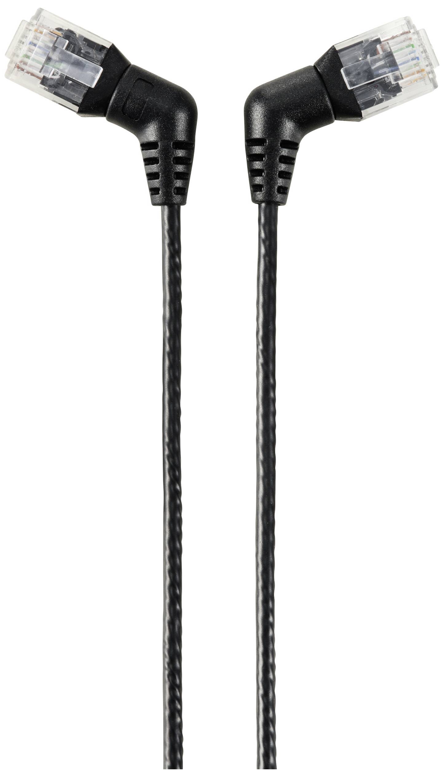 Zwei schwarze Ethernet-Kabel mit um 90 Grad gewinkelten Steckern, die nach oben zeigen, auf weißem Hintergrund.