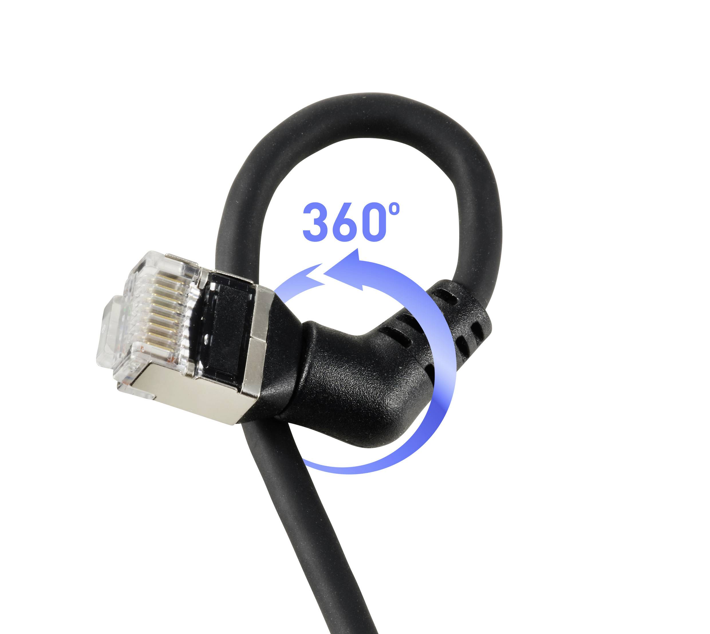 Ein schwarzes Ethernet-Kabel mit einem um 360 Grad drehbaren Stecker. Ein blauer Pfeil zeigt die Drehbewegung an.