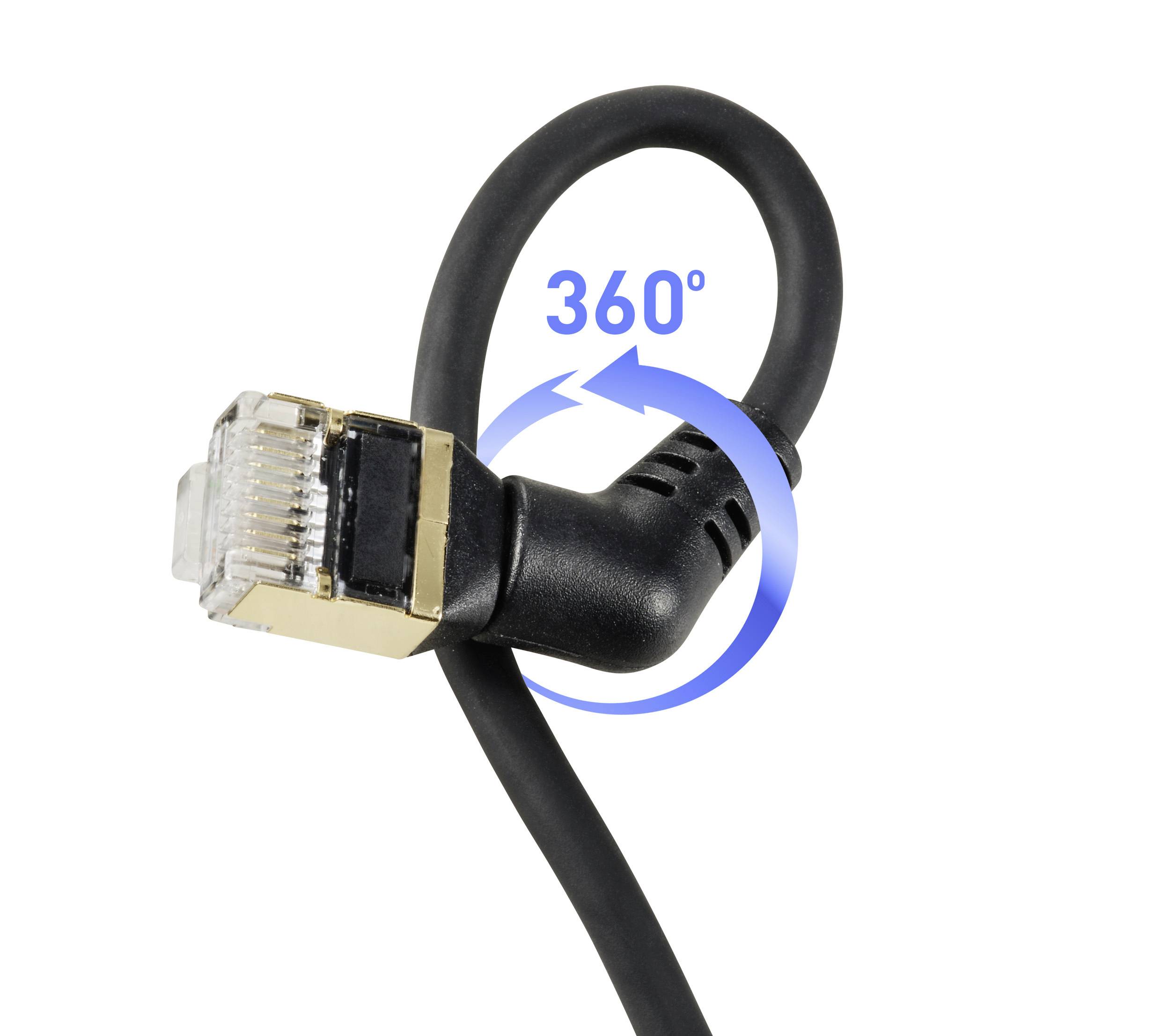 Ein Ethernet-Kabel mit einem drehbaren Stecker, der um 360 Grad flexibel ist, ermöglicht vielseitige Anschlussmöglichkeiten.