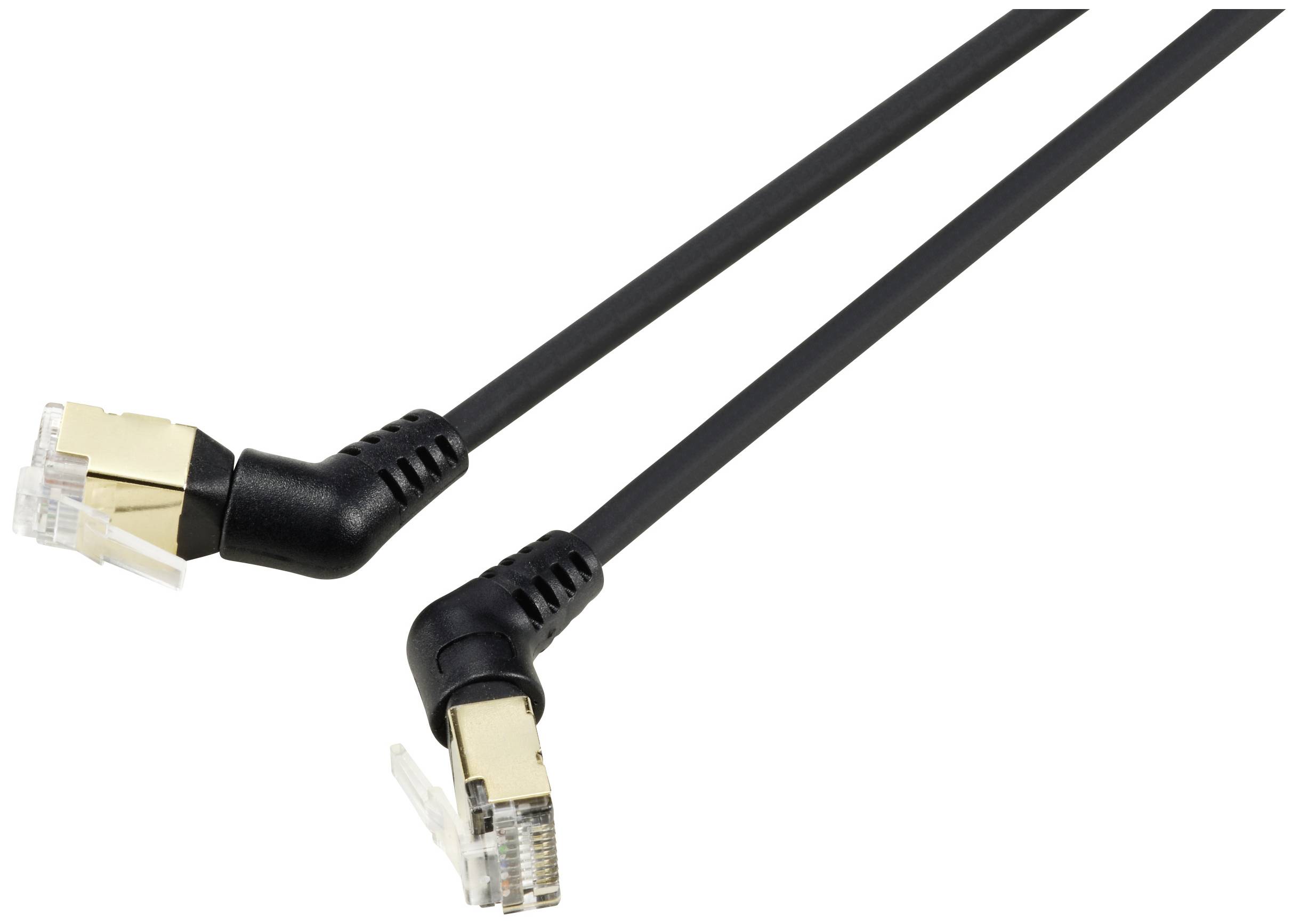 Ein schwarzes Netzwerkkabel mit zwei abgewinkelten, goldfarbenen RJ45-Steckern, für die Datenübertragung in Netzwerken.