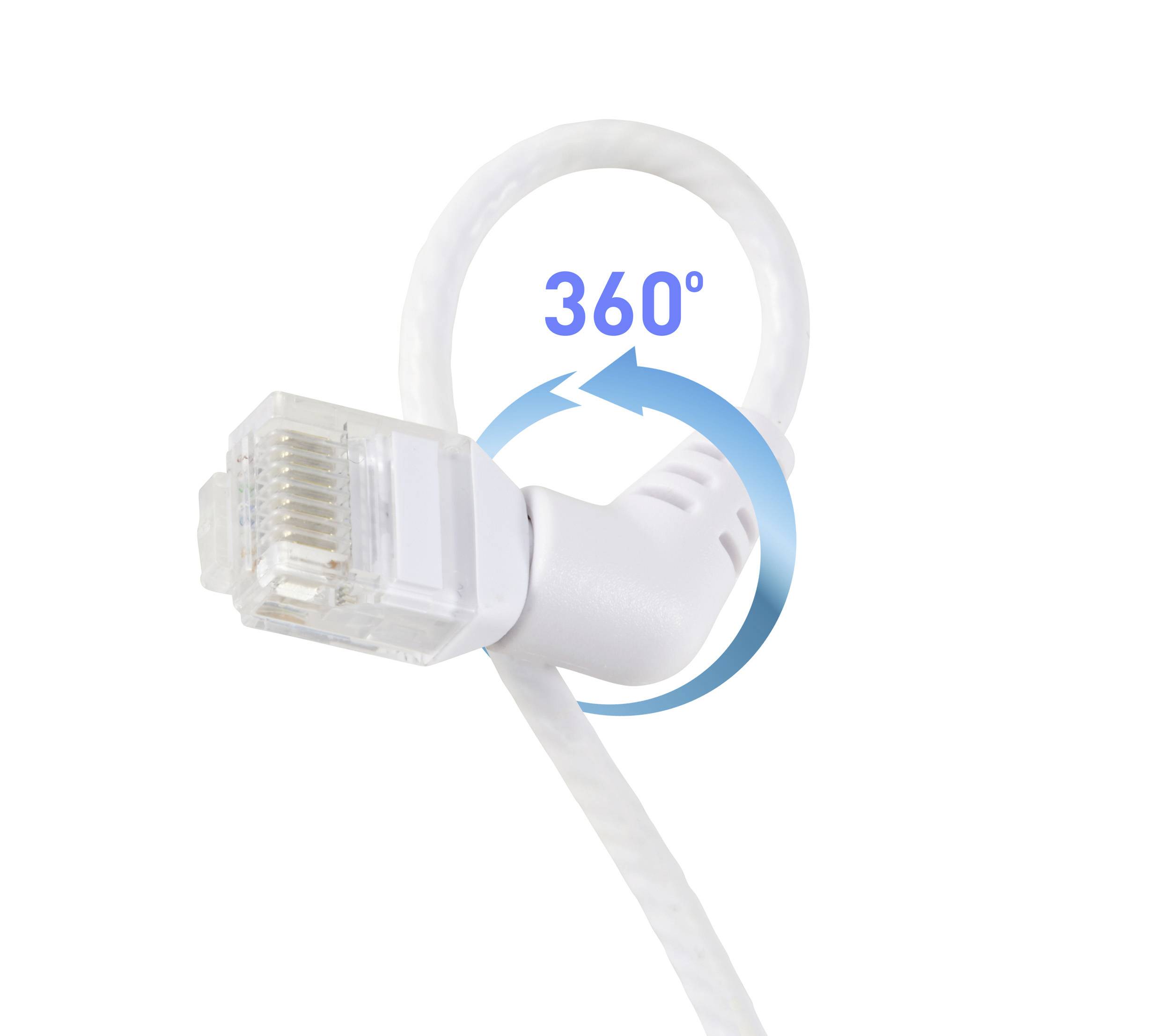 Ein Netzwerkkabel mit drehbarem Stecker. Text '360°' zeigt die Drehbarkeit an.