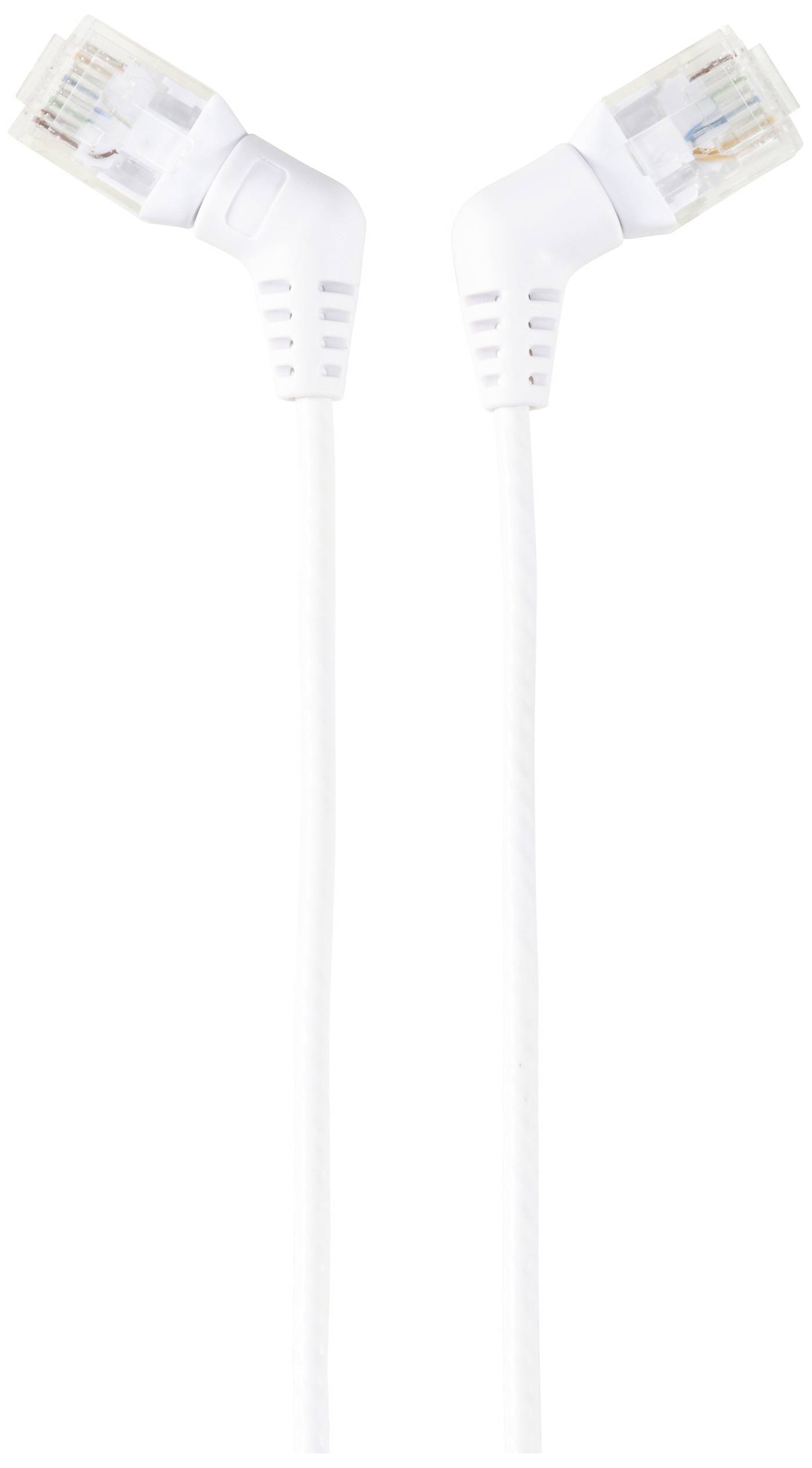 Zwei weiße Ethernet-Kabel mit abgewinkelten RJ45-Steckern, geeignet für platzsparende Installationen in Netzwerksystemen.