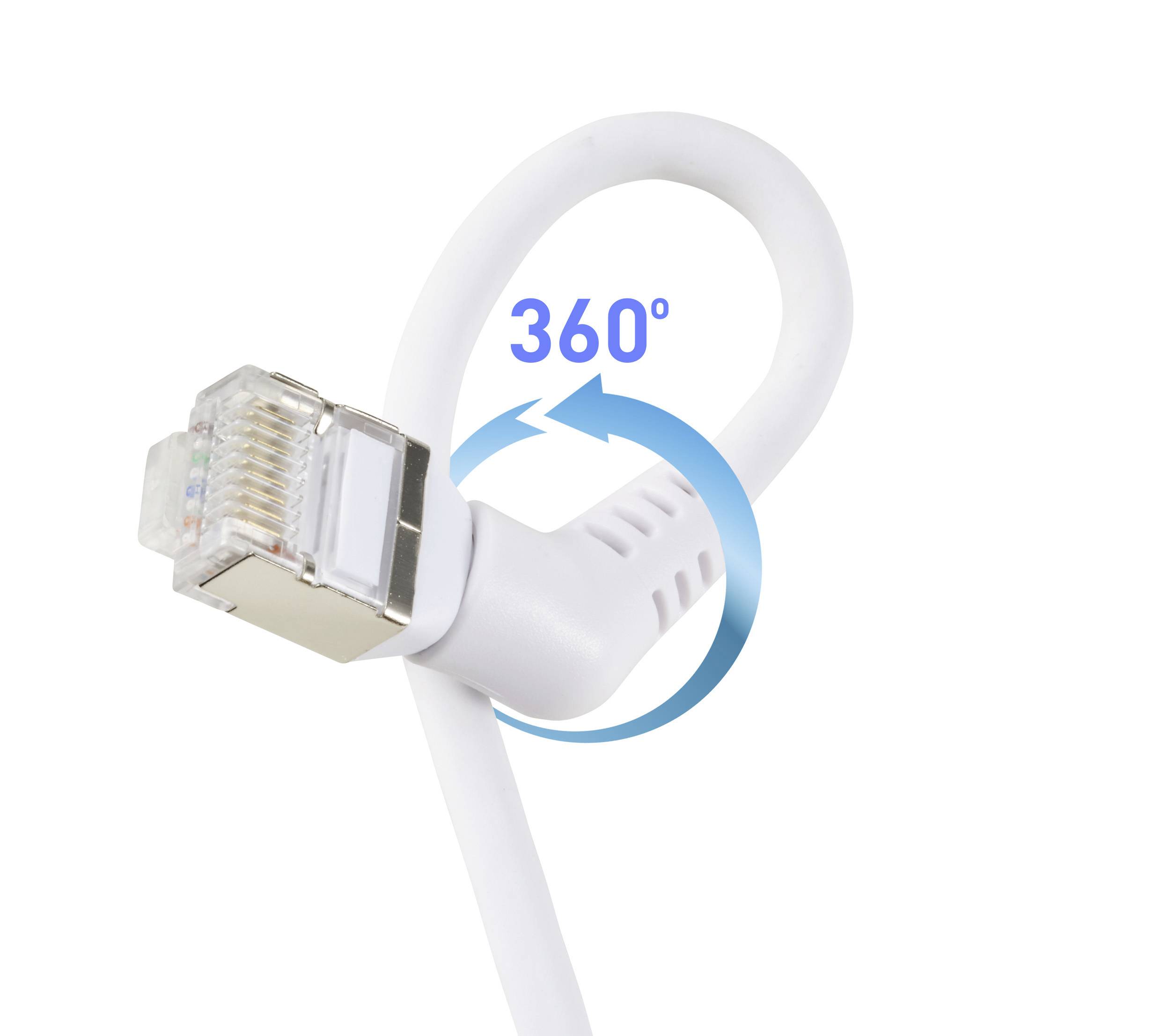 Ein weißes Netzwerkkabel mit einem um 360 Grad drehbaren Anschluss, der Flexibilität und vielseitige Anschlussmöglichkeiten symbolisiert.