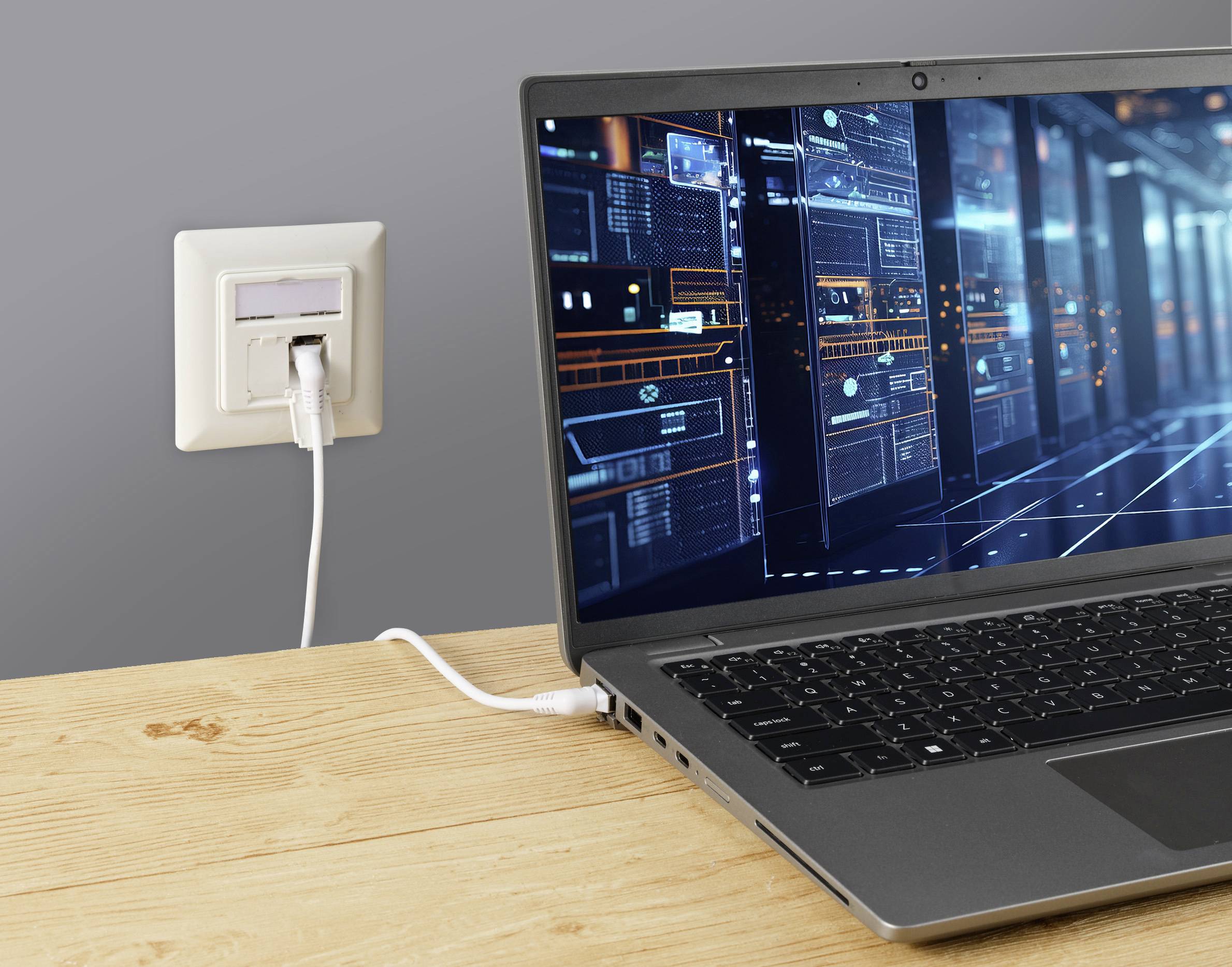 Ein Laptop auf einem Holztisch ist mit einem Netzwerkkabel an einer Steckdose verbunden. Der Bildschirm zeigt digitale Netzwerkgrafiken.