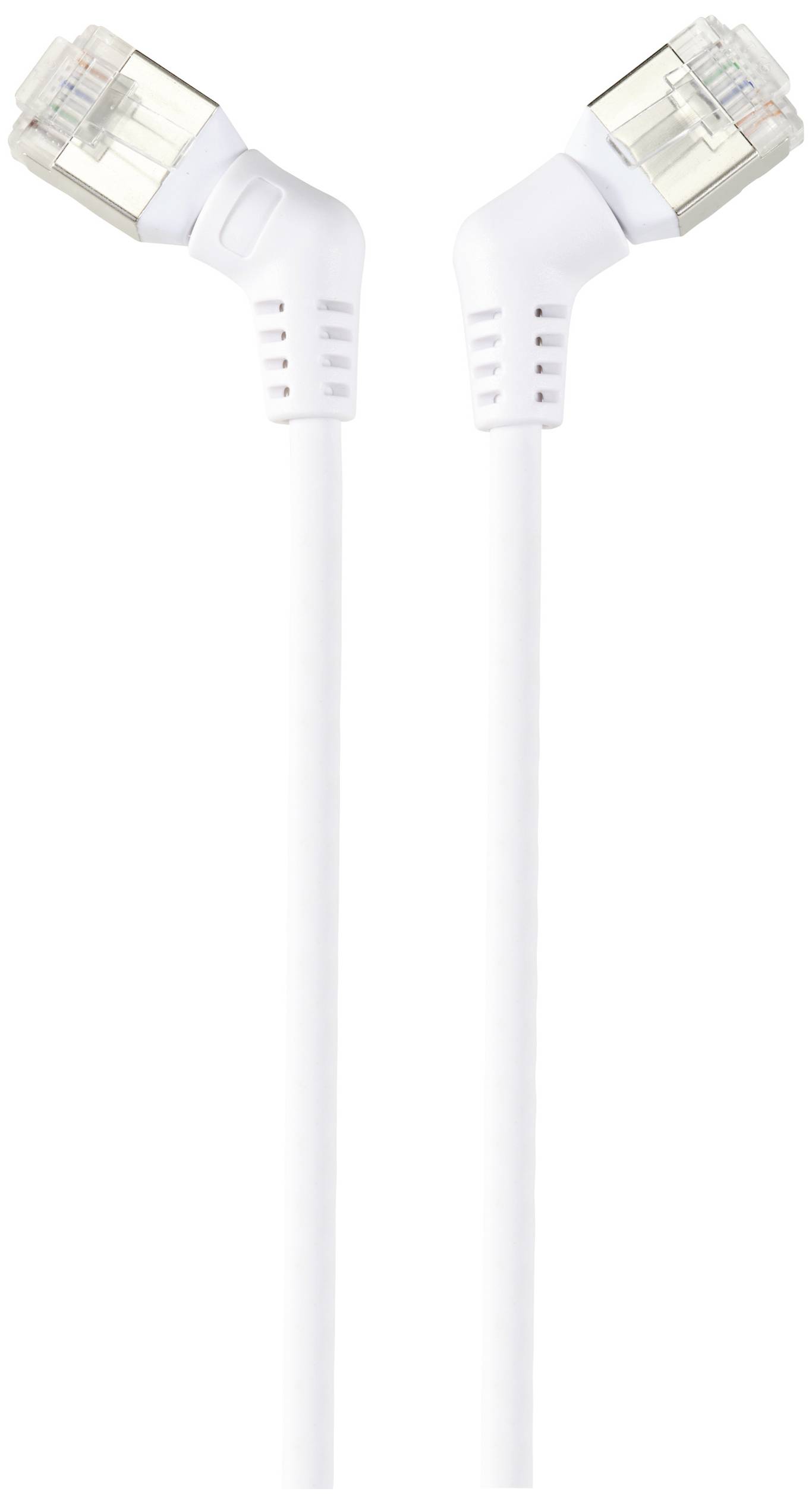 Zwei weiße Ethernet-Kabel mit rechtwinkligen Steckern für eine platzsparende Verbindung.