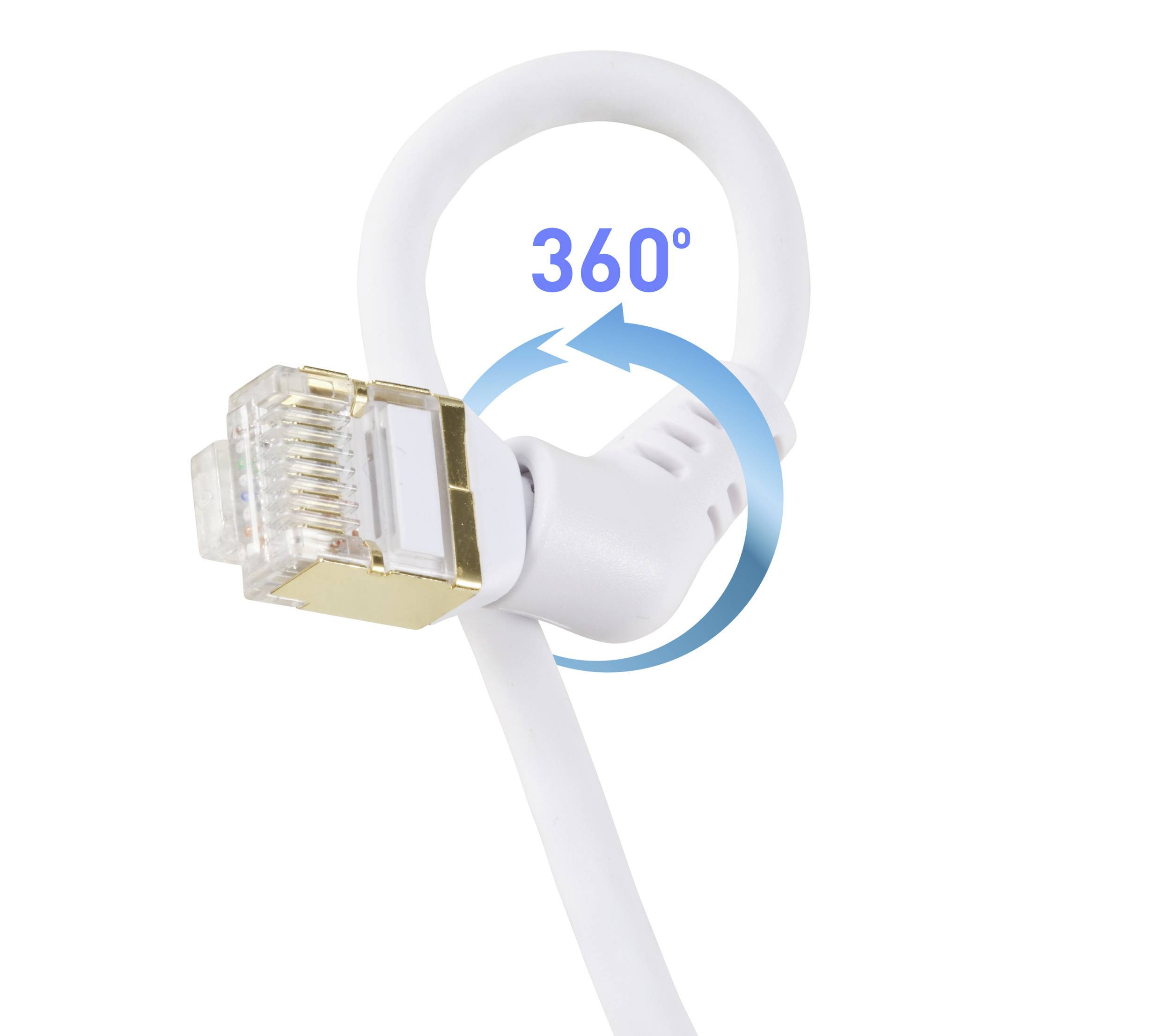 Ein Ethernet-Kabel mit einem drehbaren Anschluss, der eine 360-Grad-Drehbewegung ermöglicht, wird gezeigt.