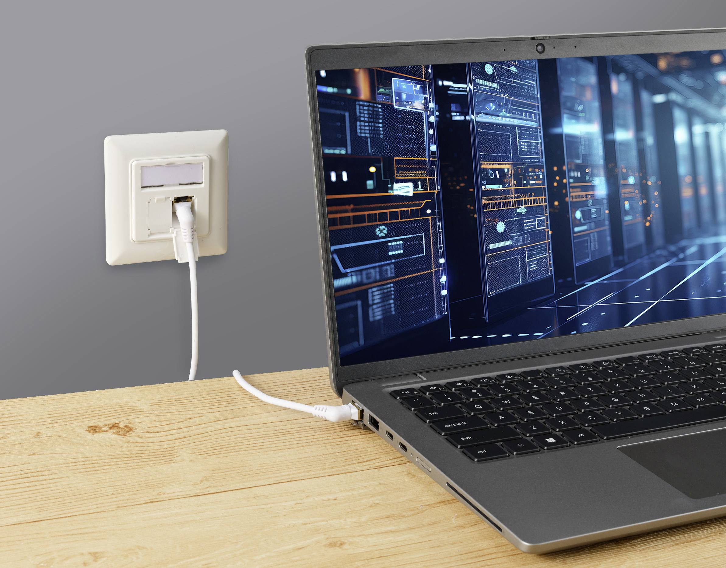 Ein Laptop auf einem Tisch ist über ein Kabel mit einer Netzwerkwanddose verbunden. Auf dem Bildschirm sind digitale Netzwerkdiagramme sichtbar.