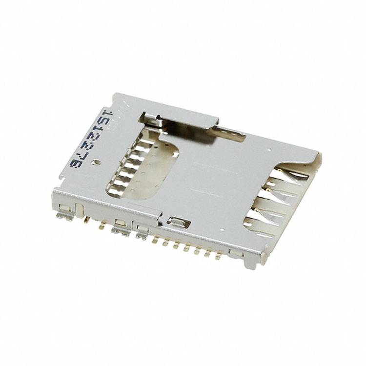 Ein Metall-SD-Kartensteckplatz mit sichtbaren elektronischen Kontakten, der zum Lesen und Schreiben von Daten in kompatiblen Geräten verwendet wird.
