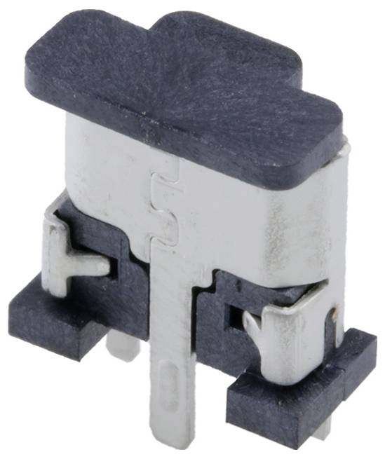 Eine Rückansicht eines Tastkontaktschalters, die Metallstifte und einen schwarzen Betätigungshebel zeigt, der in elektronischen Geräten für die Benutzereingabe verwendet wird.