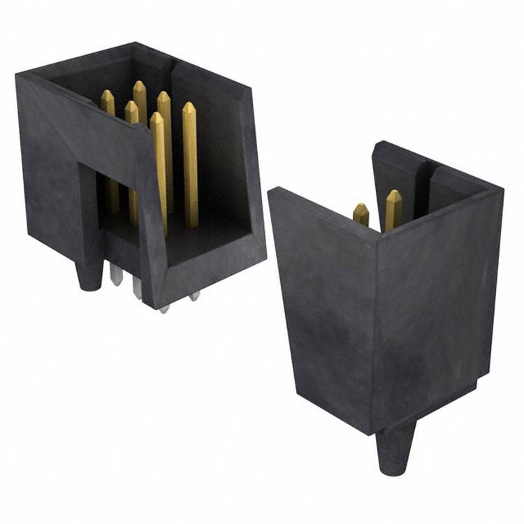 Schwarze Kunststoff-Rechteckstecker mit vergoldeten Stiften, aus zwei Blickwinkeln betrachtet. Es handelt sich um modulare Komponenten, die in elektronischen Schaltkreisen verwendet werden.