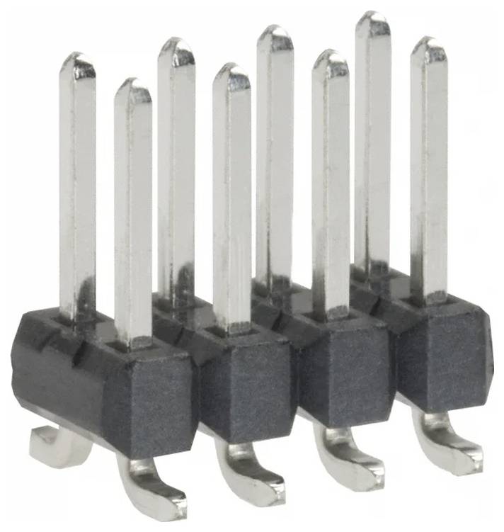 Sechs Metallstifte in einer dualen Reihenanordnung, die auf einem schwarzen Kunststoffsockel montiert sind, werden häufig verwendet, um elektronische Komponenten auf einer Leiterplatte zu verbinden.