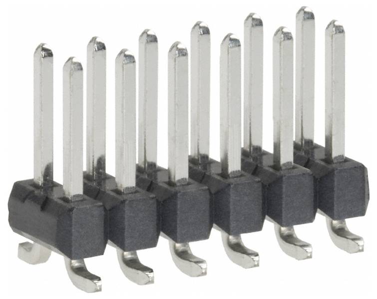 Eine Doppelreihe von sechs zweipoligen Metallsteckerverbindern mit schwarzen Kunststoffbasen auf einer ebenen Fläche, die für elektrische Verbindungen verwendet werden.