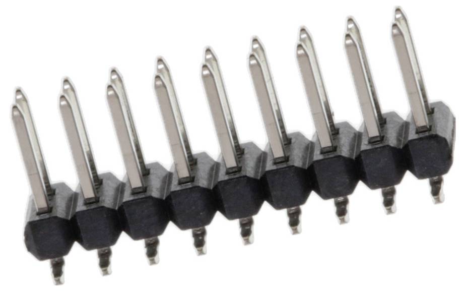 Ein 8-poliger Stecker mit abgewinkelten Stiften, der zur Herstellung von elektrischen Verbindungen auf einer Leiterplatte verwendet wird.