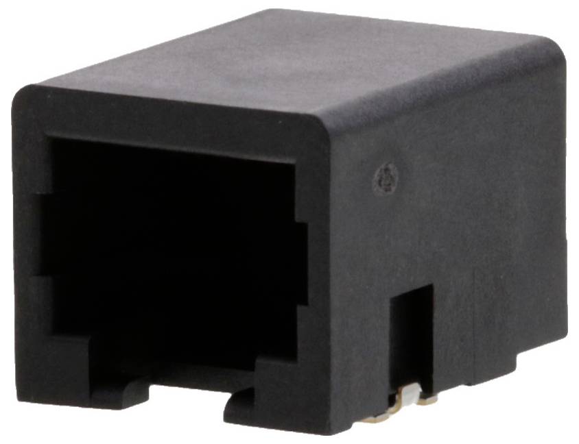 Ein schwarzer Kunststoff-RJ45-Buchsenstecker mit rechteckiger Form und offener Vorderseite, der für Ethernet-Kabel verwendet wird.