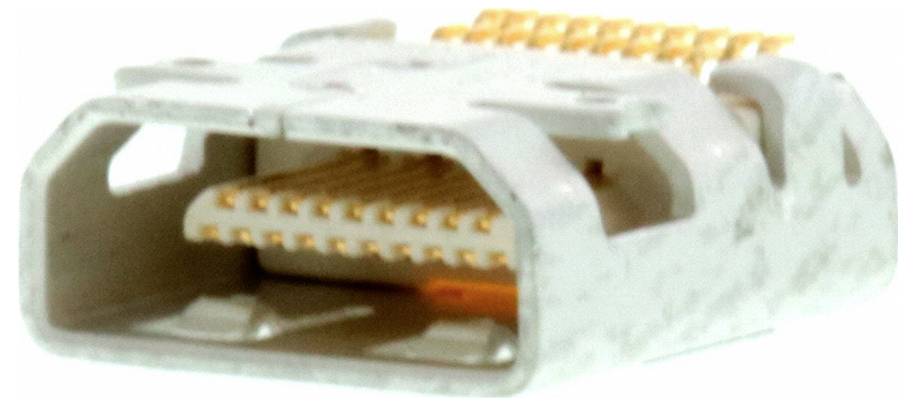 Nahaufnahme eines weißen USB-Typ-B-Anschlusses mit Darstellung der internen vergoldeten Kontakte, die zur Konnektivität in elektronischen Geräten verwendet werden.