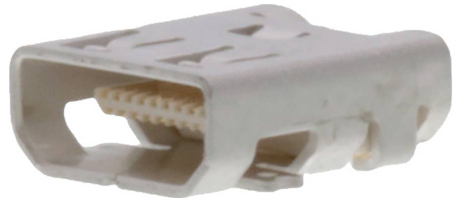 Ein kleiner, rechteckiger Metallstecker mit mehreren feinen Stiften im Inneren, verwendet für elektronische Geräteverbindungen, aus einer Seitenansicht betrachtet.