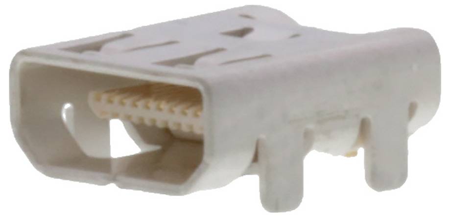 Ein Nahaufnahmebild eines weißen Kunststoff-Elektrosteckers mit mehreren Schlitzen, der zum Verbinden von Drähten in elektronischen Geräten verwendet wird.