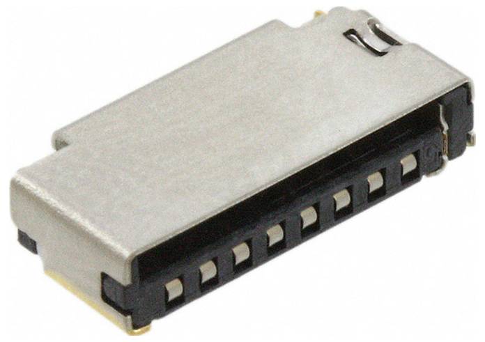 Ein kleiner, rechteckiger elektronischer Stecker mit einem Metallgehäuse und mehreren Kontaktstiften, typischerweise in elektronischen Geräten für Verbindungen verwendet.