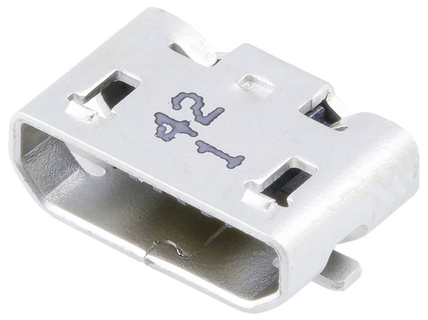 Ein kleiner metallischer rechteckiger Stecker mit zwei inneren Stiften, der einer USB-Typ-B-Micro-Buchse ähnelt, auf weißem Hintergrund dargestellt.
