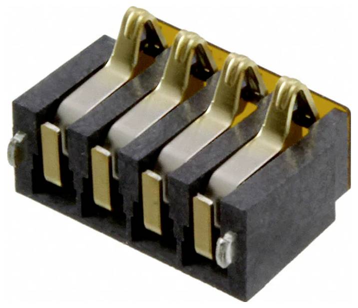 Ein Nahaufnahmebild eines vierpoligen elektrischen Steckers mit vergoldeten Kontakten, der für die Verwendung auf elektronischen Leiterplatten konzipiert ist.