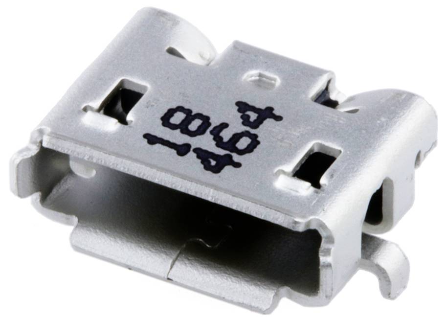 Eine Nahaufnahme eines silbernen Micro-USB-Anschlussconnectors mit Textmarkierungen. Der Anschluss hat eine abgeschrägte Kante und zwei schwarze Sicherungslaschen.