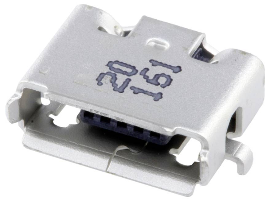Eine Nahaufnahme eines silbernen Micro-USB-Anschlusses, der eine Reihe von Stiften im Inneren zeigt und auf der äußeren Oberfläche mit „2B1