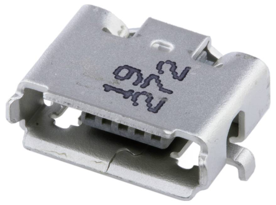 Micro-USB-Stecker mit metallischem Gehäuse und Lötpins, wird zum Laden und zur Datenübertragung in elektronischen Geräten verwendet.