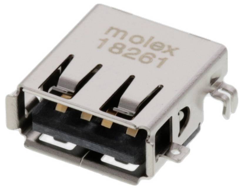 Ein schwarzer rechteckiger elektronischer Stecker mit mehreren goldenen Pins, für Leiterplatten konzipiert, aus einer angewinkelten Seitenansicht dargestellt.