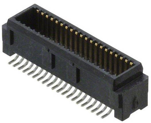 Ein schwarzer elektronischer Stecker mit mehreren Metallstiften, der für Leiterplattenverbindungen verwendet wird.