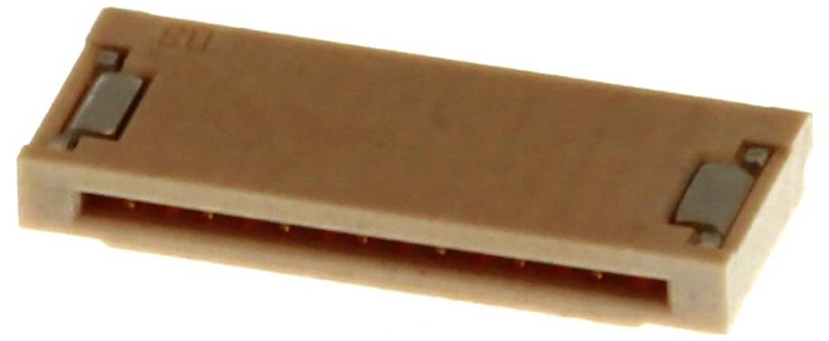 Eine Nahaufnahme eines kleinen, rechteckigen elektronischen Steckers mit sichtbaren Metallkontakten an jedem Ende, der zum Verbinden von Schaltungskomponenten verwendet wird.