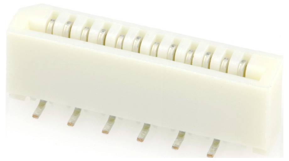 Ein weißer Kunststoffstecker mit zehn Metallkontaktstiften, die in einer einzigen Reihe angeordnet sind, wahrscheinlich zum Verbinden elektronischer Schaltkreise verwendet.