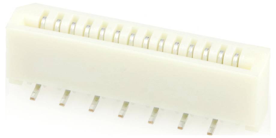 Eine weiße rechteckige elektronische Komponente mit mehreren metallischen Stiften, die einem Stecker ähnelt, auf hellem Hintergrund positioniert.