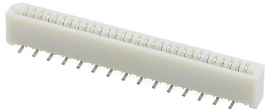 Ein weißer Elektrostecker mit mehreren Stiften, die in einer Reihe angeordnet sind, wird zum Verbinden von Schaltungskomponenten verwendet.
