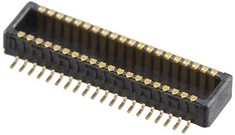 Eine Nahaufnahme eines schwarzen und goldenen elektronischen Steckers mit mehreren Pins, der zum Verbinden von Schaltungskomponenten auf einer Platine verwendet wird.