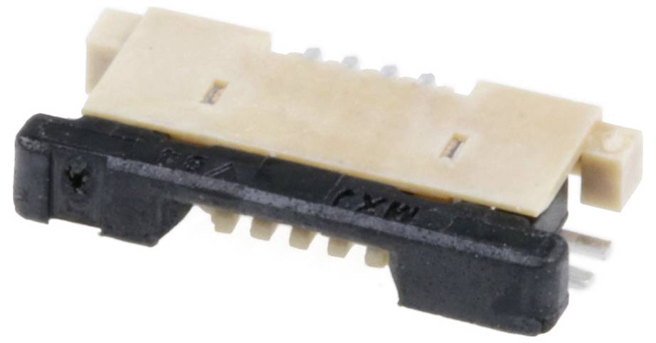 Eine Nahaufnahme eines kleinen elektronischen Steckers mit beigefarbenem Gehäuse und Metallkontakten auf der Unterseite, entwickelt zum Anschluss an Leiterplatten.