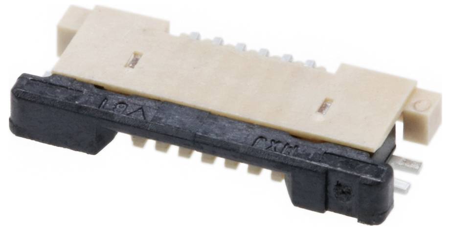 Eine Nahaufnahme eines kleinen elektronischen Steckers mit einem beigen Kunststoffteil oben und einer schwarzen Basis, mit sichtbaren Metallstiften zur Befestigung.