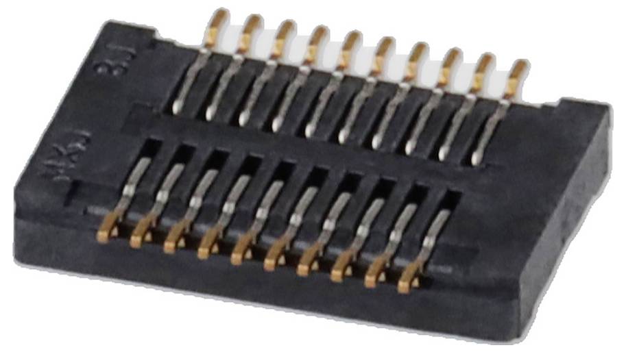 Eine elektronische Komponente mit 16 vergoldeten Stiften, die in zwei Reihen angeordnet sind und zum Verbinden von Leiterplatten verwendet werden.